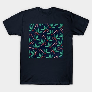 Blue Green Holly Leaves Red Berries Candy Cane Paint T-Shirt